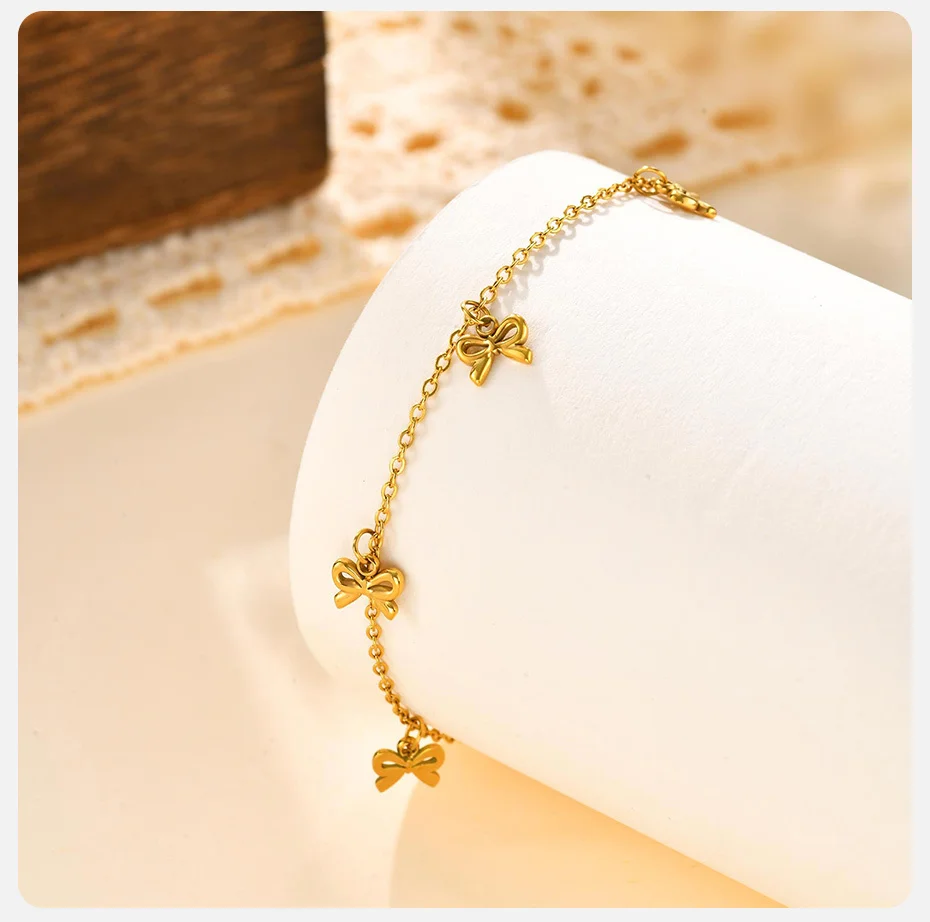 Vnox vergoldetes Edelstahl-Bowknot-Charm-Armband für Frauen, zwei Stile zum Aufhängen und Glieder, Schleife, Kette, Hand- und Hals-Modeschmuck – Detail 6