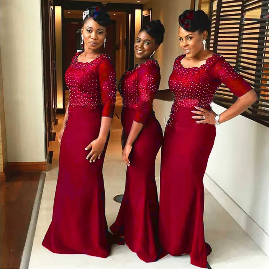 

Luxury Beads Red Mermaid Bridesmaid Dresses Scoop With Half Sleeve Floor-Length Sequins Beaded Satin Wedding Party Events