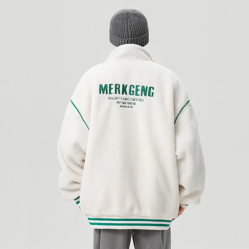 Winter Jackets Imitation Lamb Wool High Collar Thickened Warm Jacket Men Korean Fashion Contrast Color Loose Cotton Coat Parkas