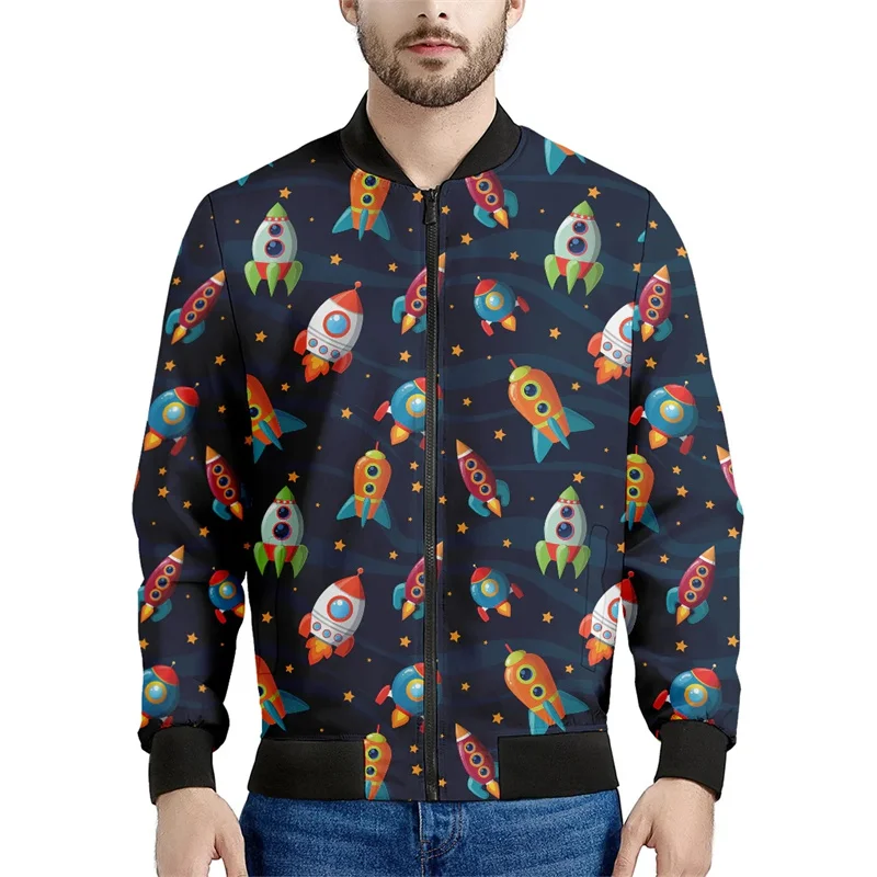 thumbnail image 1 of Chaqueta con estampado de cohetes de dibujos animados para hombres y mujeres, abrigo con estampado 3D brillante, chaqueta informal de gran tamaño estilo Harajuku con cremallera para niños, mangas larg, 1 of 4