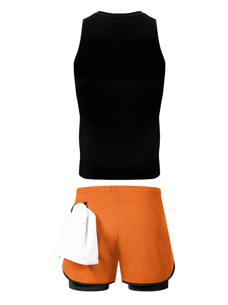 Men's Workout Running Athletic Clothing Set Sleeveless Compression Shirt Tank Top 2-in-1 Gym Shorts with Phone Pocket Towel Loop