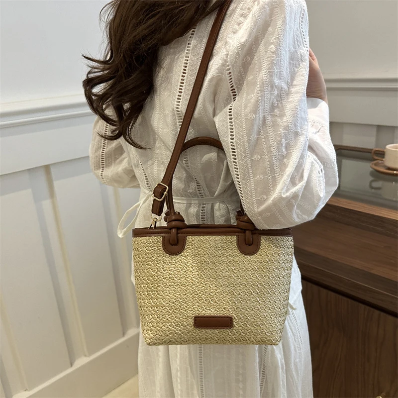 New Straw Woven Crossbody Bags For Women Summer Rattan Vacation Bucket Shoulder Bags Summer Seaside Beach Handbags