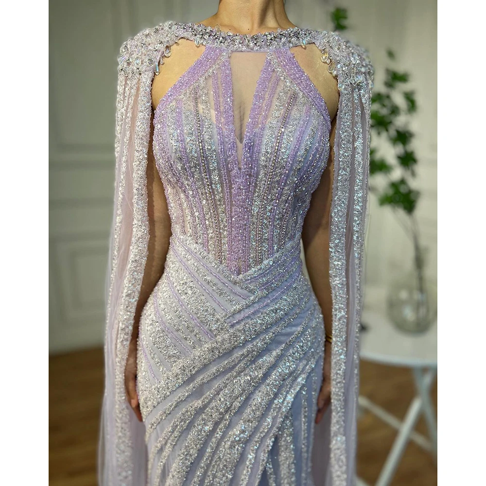 Serene Hill Lilac Cape Sleeves Mermaid Luxury Beaded Evening Dresses Open Split Wedding Party Gowns For Women 2023 LA72085