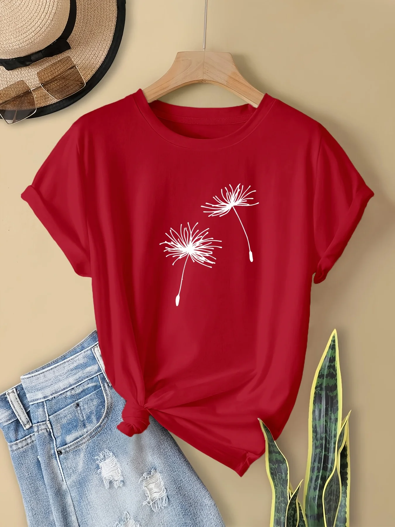 Camiseta con estampado de diente de león verde claro para mujer, pantalón corto informal de manga corta con cuello redondo, Top de verano transpirable y lavable a máquina