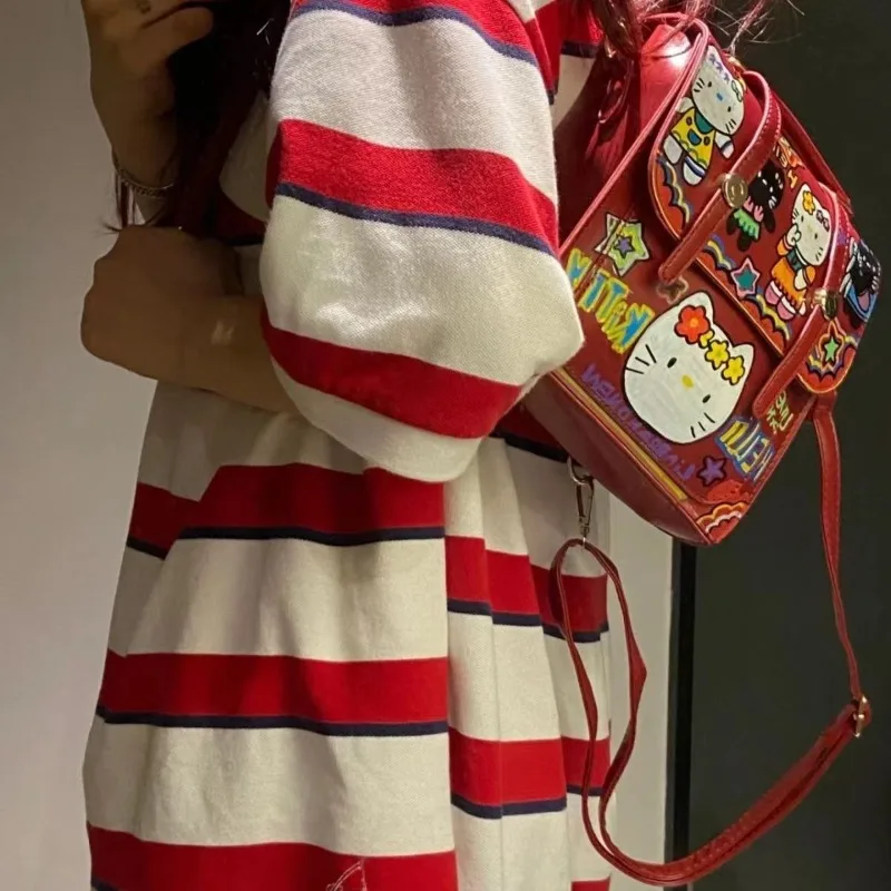MBTI Hello Kitty Womens Backpack Graffiti Cute Square Vintage Red Harajuku Casual Backpacks Female Fashion Designer Luxury Bag