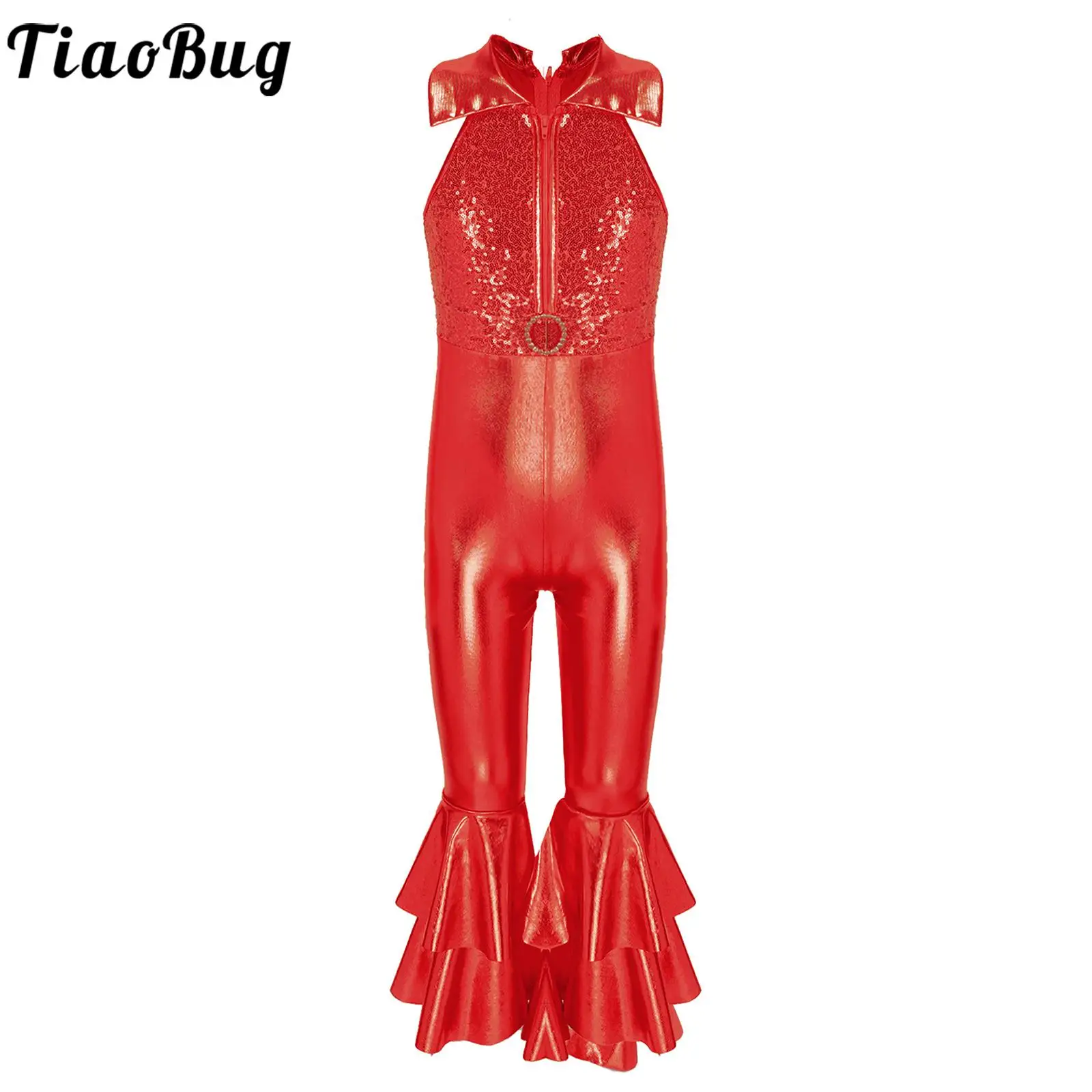 

Tiaobug Kids Girls 6-14 Sleeveless Pure Dance Leotards with Tiered Bell-bottom Long Pants with Shiny Sequins Patchwork Jumpsuits
