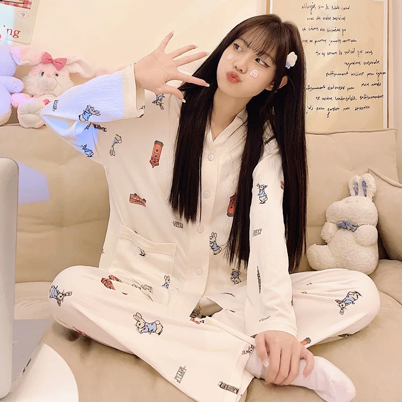 Pajama Women's Spring and Autumn Wrinkled Fabric Long Sleeved Cardigan Cartoon Home Clothing Set Can Be Worn Externally