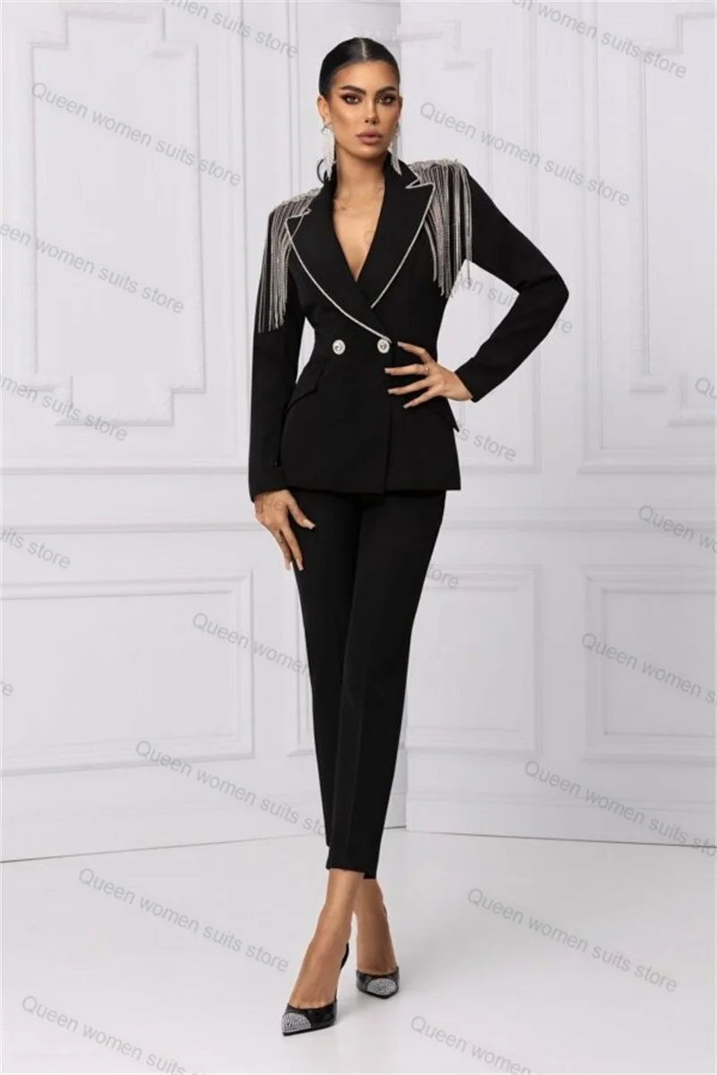 

Silver Beading Women Suit Pants Set 2 Piece Blazer+Trouser Black Wedding Tuxedo Formal Office Lady Prom Jacket Tailored Size