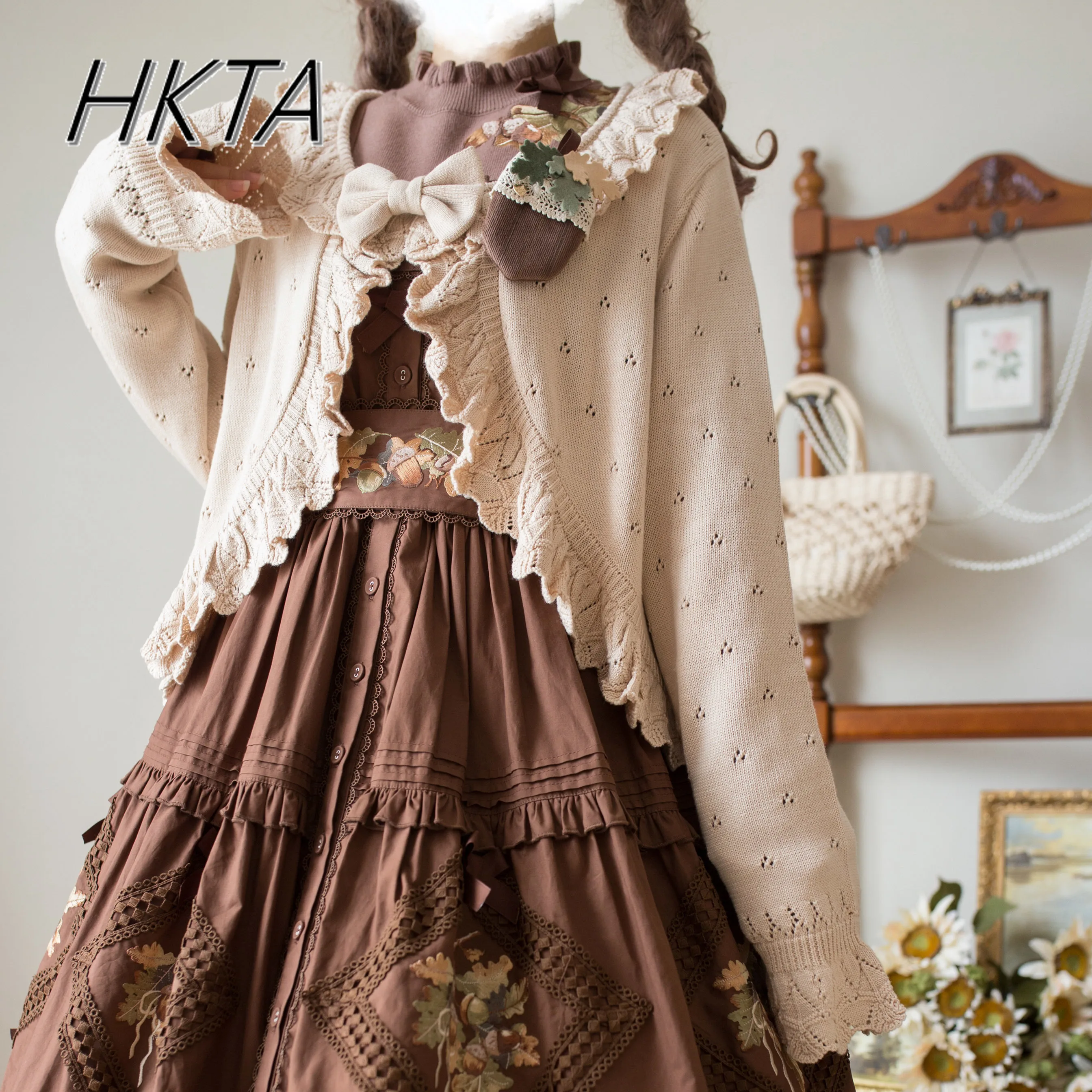 Kawaii Cute Lolita Sweater Cardigan 2025 Spring New Knitted Sweater Soft Girl Sweet Bow Ruffle Edge Long-sleeve Sweaters Jacket 1