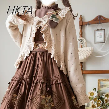 Kawaii Cute Lolita Sweater Cardigan 2025 Spring New Knitted Sweater Soft Girl Sweet Bow Ruffle Edge Long-sleeve Sweaters Jacket 1