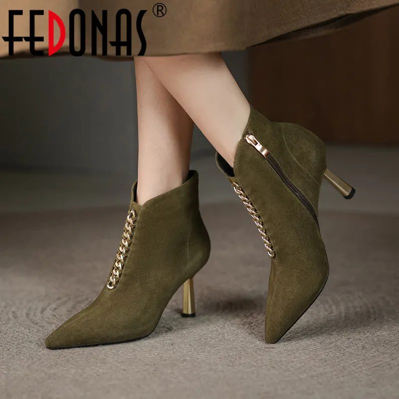 

FEDONAS Fashion Elegant Women Ankle Boots Metal Chains Zipper Genuine Leather Thin High Heels Party Shoes Woman Autumn Winter
