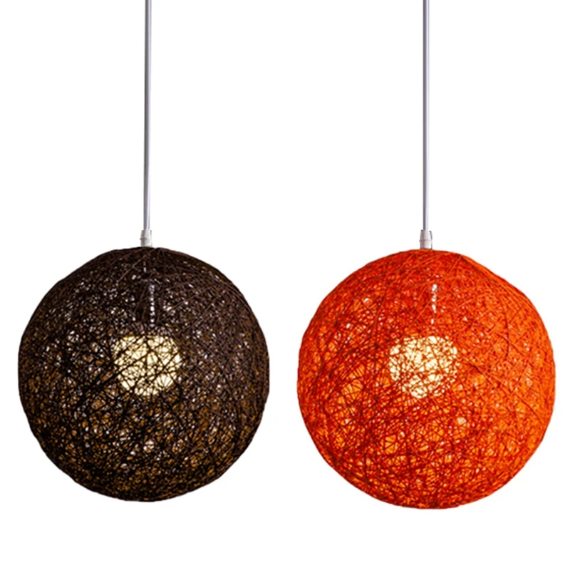 

2X Coffee / Orange Bamboo, Rattan And Hemp Ball Chandelier Individual Creativity Spherical Rattan Nest Lampshade