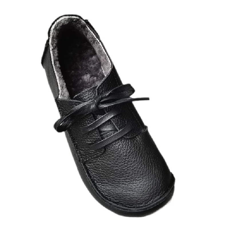 Careaymade-Genuine leather Sheepskin wool women's shoes low top lace up flat soft cow tendon sole warm cotton winter shoes