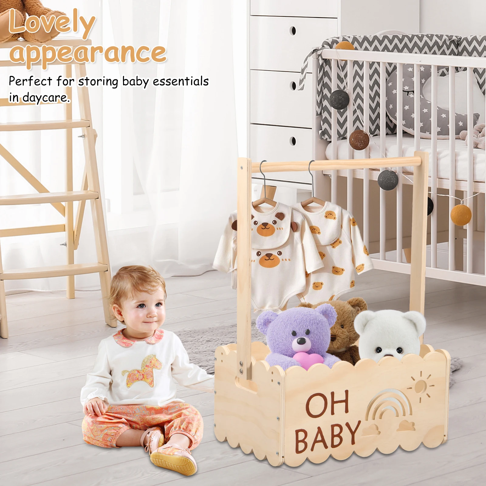 Wood Baby Shower Storage Basket Baby Shower Crate with Handle Baby Toys Storage Crate Multipurpose Gift Basket for Boys Girls 5