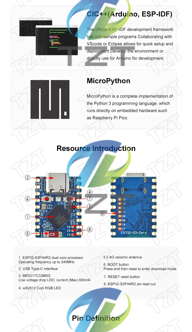 TZT 1/3 Stück ESP32-S3-Zero Mini-Modul WiFi Bluetooth Ultrakleine Größe ESP32 C3 S3 ESP 32 – Detail 2