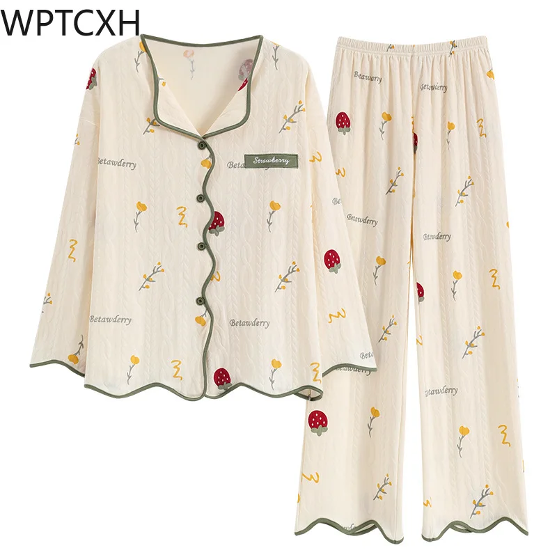 

WPTCXH 2023 Autumn Winter New Pajamas Ladies Lapel Cardigan Lovely Sweet Sleepwear Long Sleeve Trousers Home Wear Loungewear