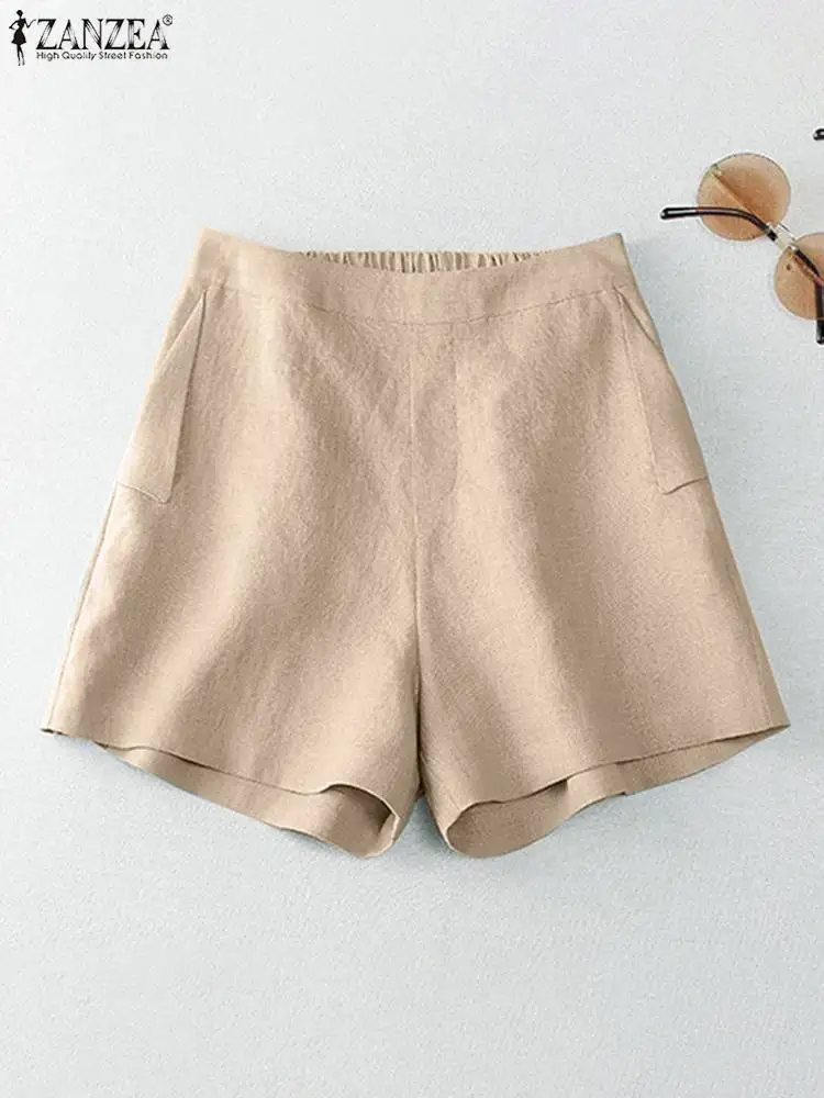 

Fashion High Waist Shorts ZANZEA Stylish Summer Shorts Elegant Work OL Pantalon Women Vintage Cotton Pants Baggy Palazzo Female