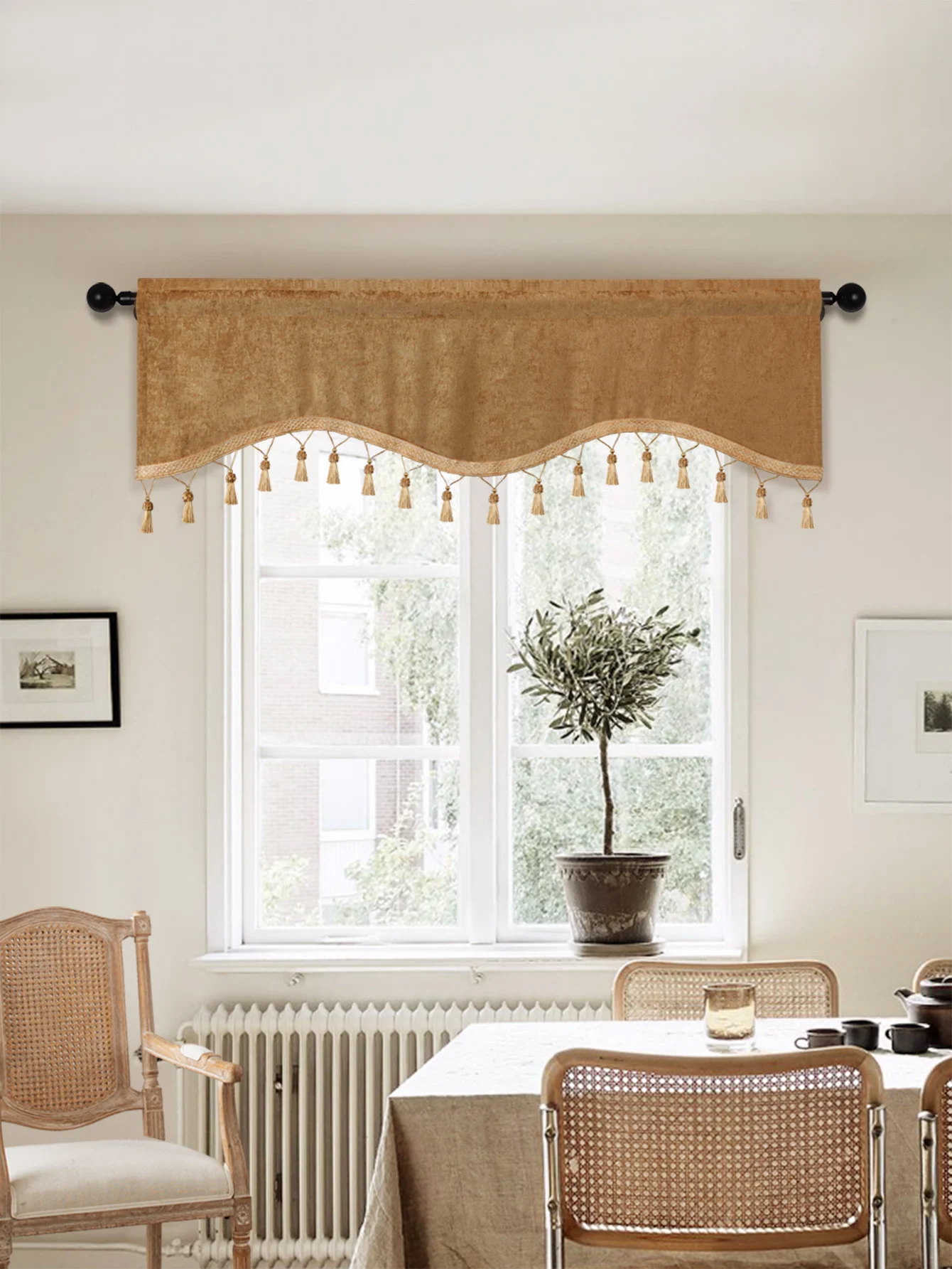 Description Picture 3 of item1PC Simple European Style Window Curtain Valance for Living Room，Rod Pocket，S-shaped  Valance with Tassels for Window Decor