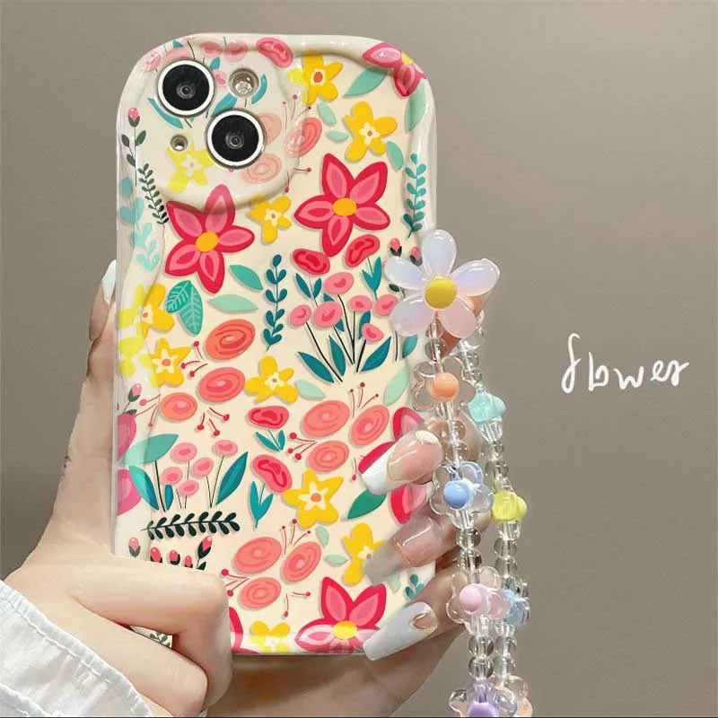 Floral Print Soft Cover with Wrist Chain and Wavy Edge