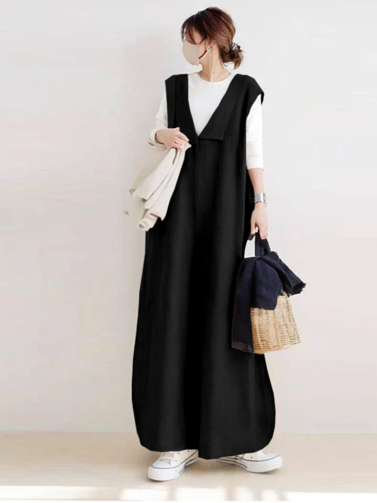 Loose Casual Cotton Lin Rer with Collar Svel Wide Leg Pants High Waist Nine Points High Street Sle Spring Summer New