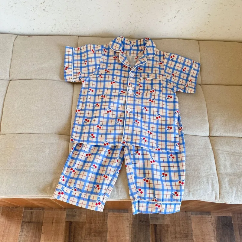 Children's Pajamas Summer 1-8Y Home Clothing Set Thin Pure Cotton Boys Lapel Top Pants 2Pcs Suit Girls Cartoon Printed Sleepwear
