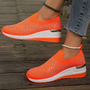 Women's Rhinestone Sneakers with Breathable Design and Wedge