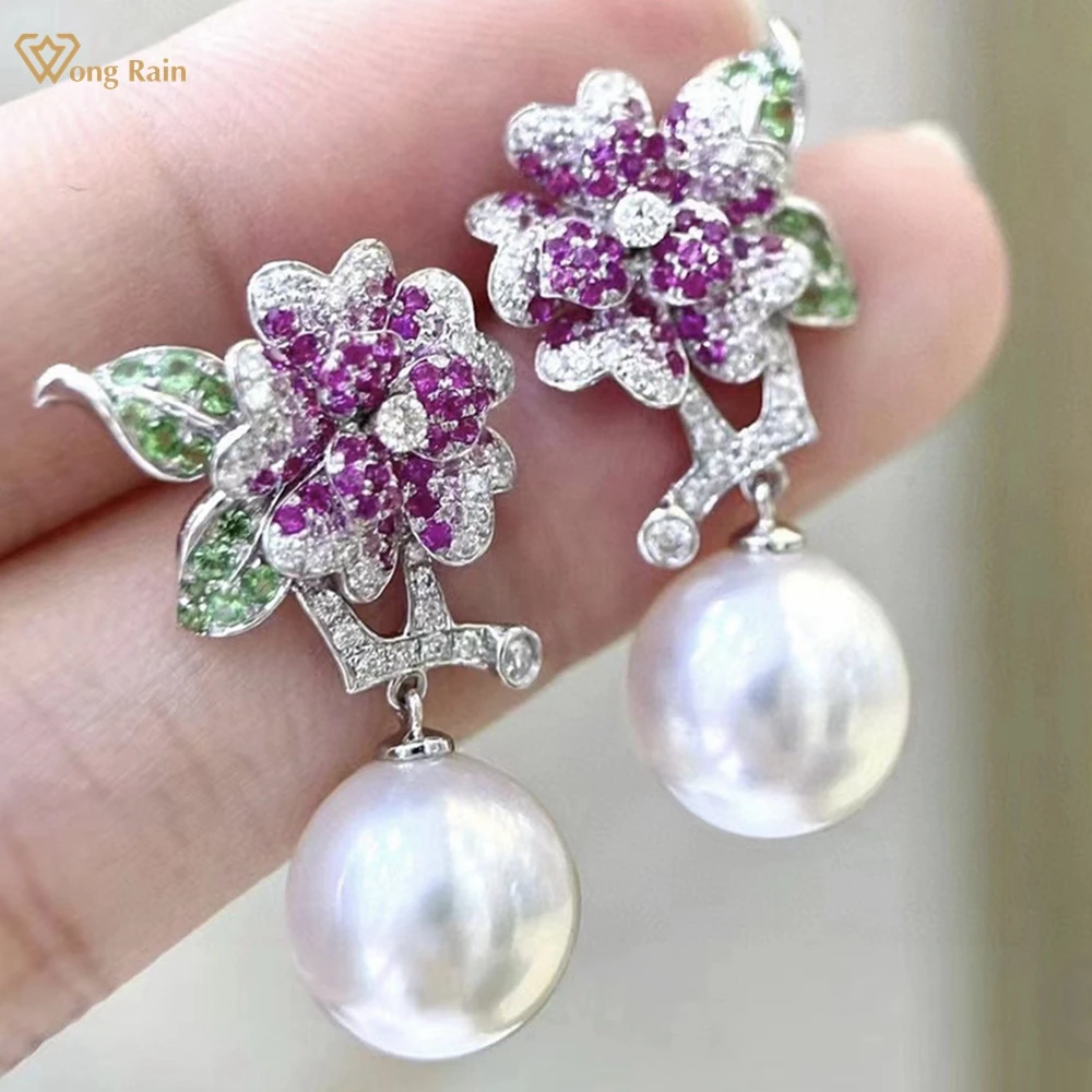 Wong Rain 100% 925 Sterling Silver Natural Pearl High Carbon Diamond Gemstone Drop Dangle Earrings Customized Fine Jewelry Gifts