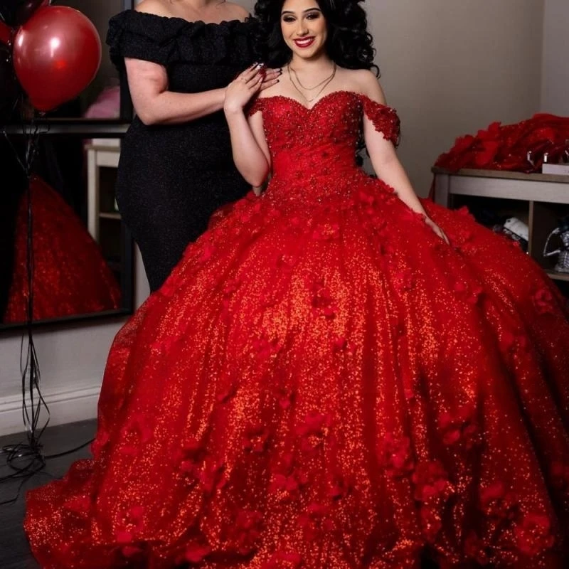 

3D Flowers Quinceanera Dresses Red Vestidos De 15 Quinceañera 2024 Sweetheart Sequin Beading Ball Gown Sweet 16 Birthday Dress