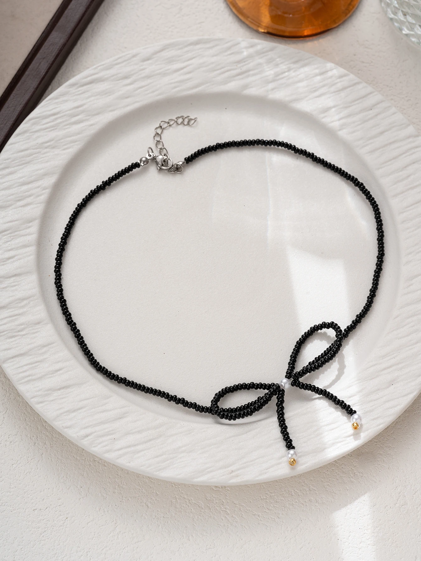 Black Bow Beaded Necklace Daily Jewelry Women