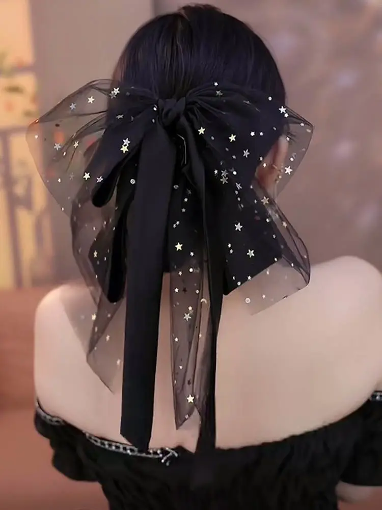 

Korean Girls Hair Accessories Exquisite Black Mesh Hair Clips for Women Fabric Bow Spring Hair Claw Elegant Barrette Headwear