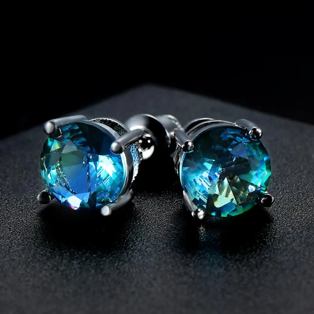 Red Green Crystal Round Stone Stud Earrings For Women Men Wedding Jewelry Mystic Rainbow Fire Blue Green Zircon Double Earrings