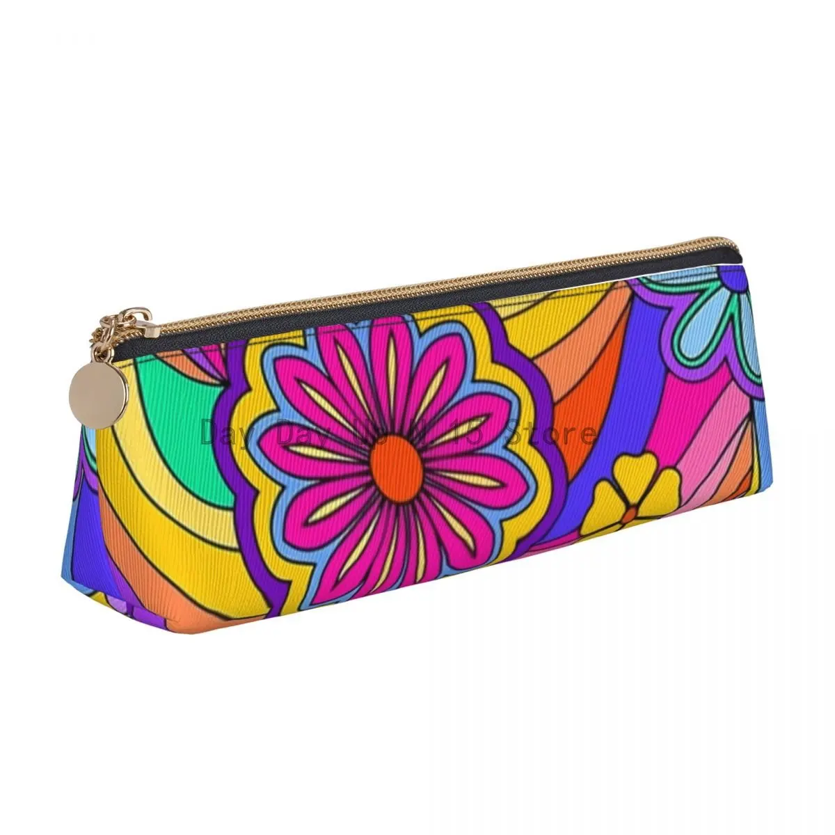 

Flower Power Inspired Triangle Pencil Case Groovy Hippy Retro Teens College Zipper Pencil Box Fashion Leather Pen Organizer