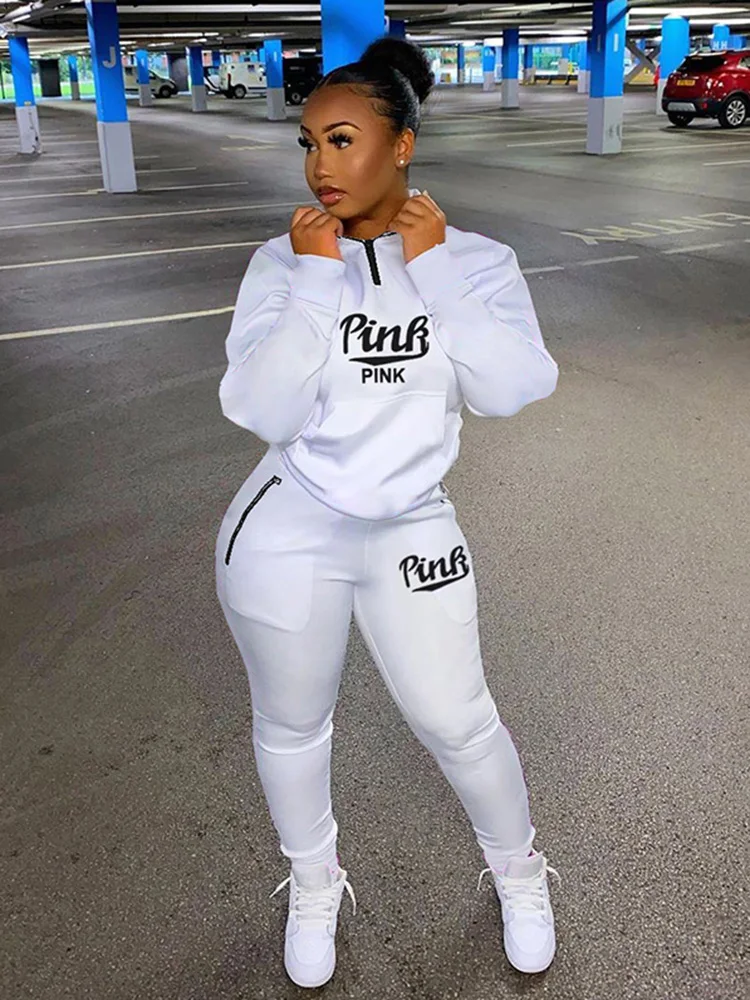 Women New Tracksuits Suits PINK Print Sport Casual Outfits Female Sweatshirt Top+Pants 2 Piece Sets Sweatsuit 2022 Spring Winter