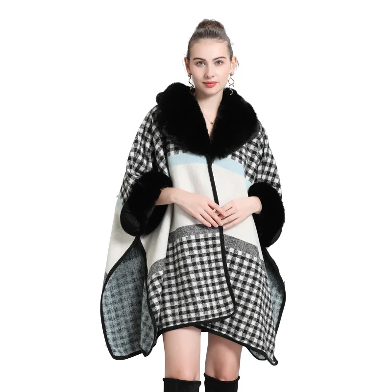 2022 Women Winter Thick Warm Black Houndstooth White Outer Wear Batwing Sleeves Faux Woolen Rabbit Fur Big Neck Loose Capes Coat