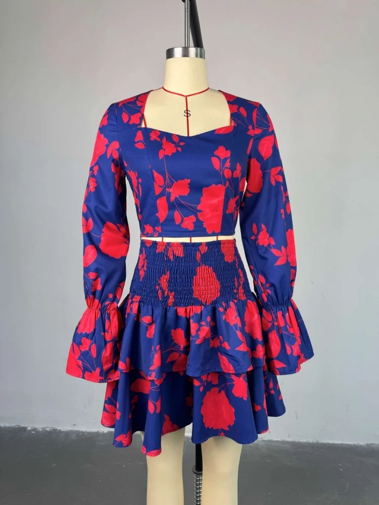 Wmstar Two Piece Set Women Wholesale Clothing 2025 Sweet Fresh Printed Square Neck Long Sleeved Shirt High Waisted Ruffled