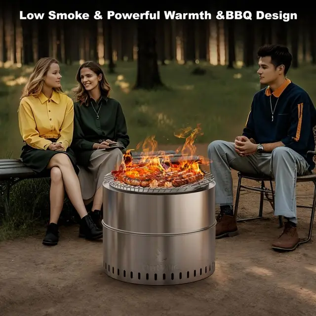 inch Stainless Steel Smokeless Fire Pit with Grill, Outdoor Smokeless Firepit, Wood Burning Fire Pits for Camping, Bonfire, Low 2