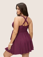 Plus Size One Piece Swimsuit Women Solid Swimwear Tummy Control Bathing Suits Bandage Cover Up Swim Dress - Image 6