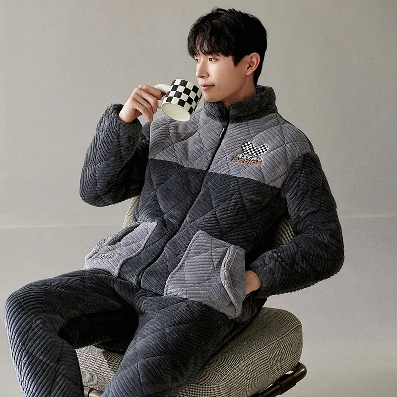 Winter Men's Pajamas Three-Layer Quilted Thickened Velvet Coral Fleece Youth Homewear Suit Stand-up Collar Thermal Nightclothes