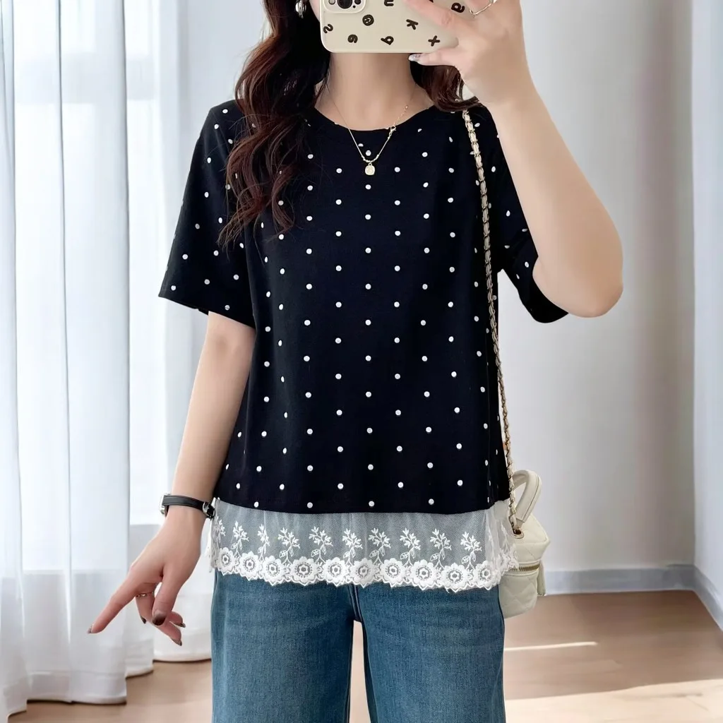 100kg Summer Top Temperament Casual Lace Hem Splicing Polka Dot Short Sleeve Tees Plus Size T-shirt Woman 2505