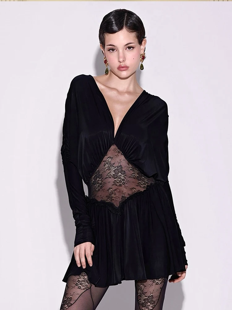 Nibber Elegant Mesh Patchwork Mini Dress Woman Autumn Trend V-Neck Full Sleeve Hot Girls Midnight Birthday Party Ruched Bodycon