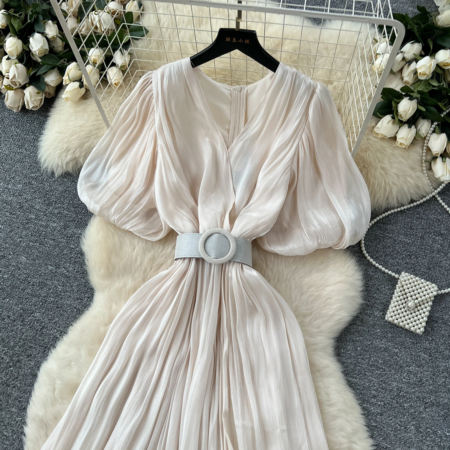 Vintage Elegant sweet puff sleeve split Dress A-line Chic Casual Beach Vacation Women Summer dresses