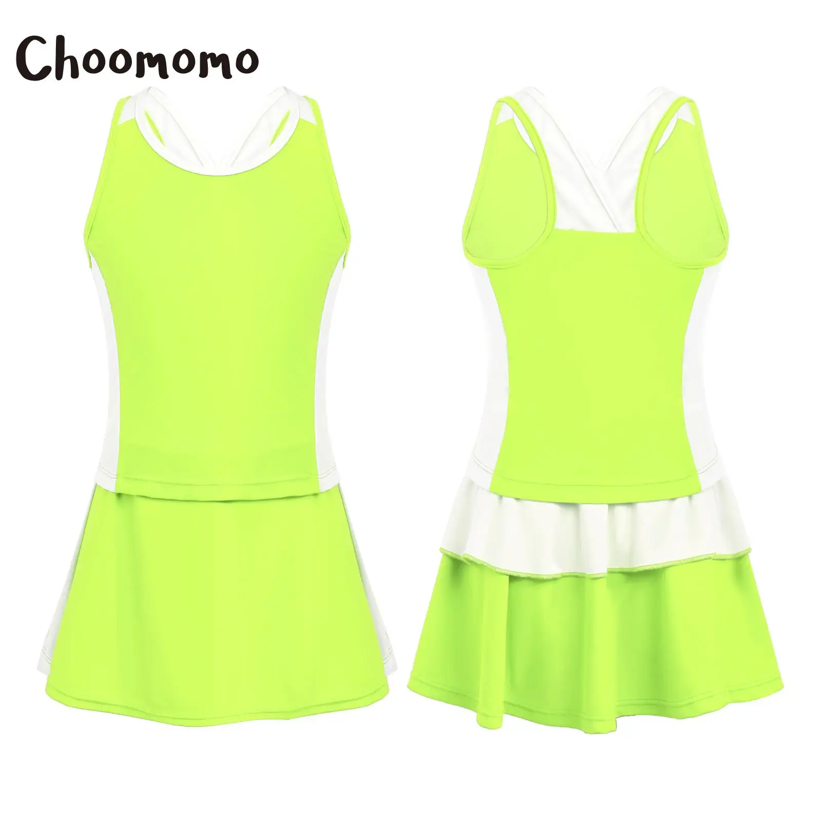 

Choomomo Kids Girls Sleeveless Colorblock Fluorescent 2Pc Sport Vest Tops and Skirt Sportswear Set with Attached Shorts Workouts