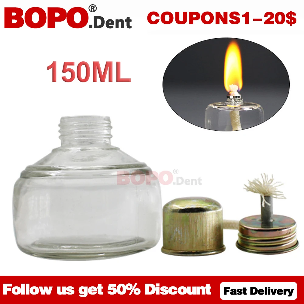 

150ml Dental Alcohol Burner Thicken Glass Spirit Lamp with Wick Metal Cap Glassware Dentistry Teaching Use Lab Heating Equipment