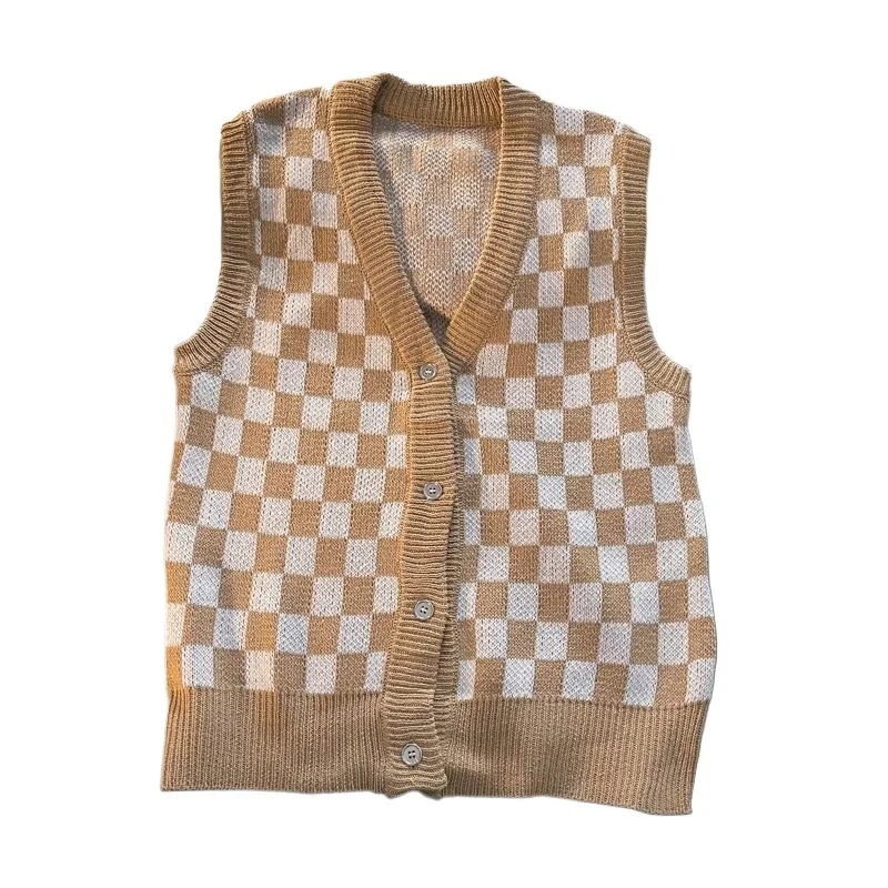 EBAIHUI Retro Black White Checkered Knitted Vest Men's Korean Version Loose Sleeveless Sweater Single Breasted Man Outerwear Top