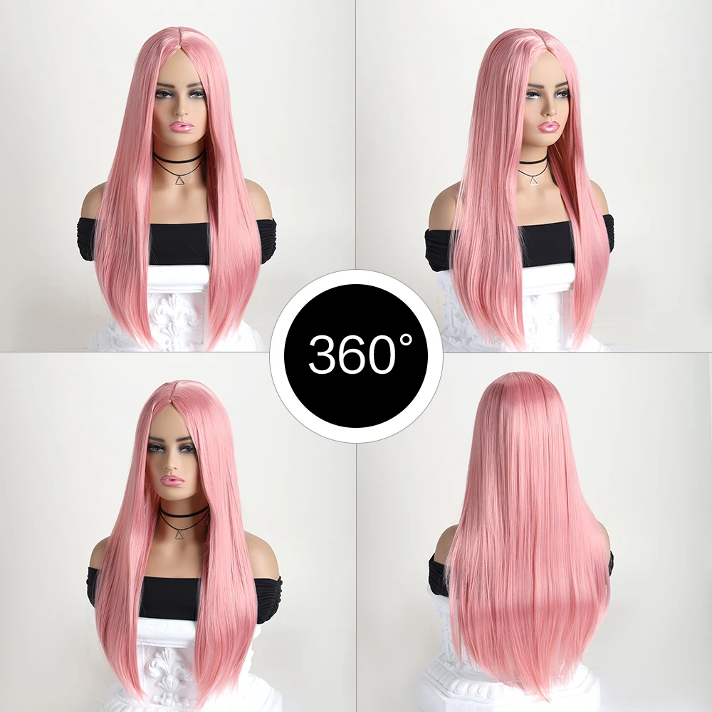 26 Inch Long Synthetic Straight Wig Mid Bangs Women Ombre Heat Resistant Wigs Daily Use Cosplay Halloween Costume Party 2