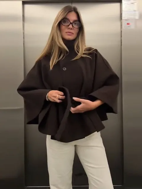 Faux Fur Cloak Jackets Women Loose StandNeck Three Button Wide Sleeves Belt Coats Female 2025 Autumn Solid Chic Fashion Outwears 1
