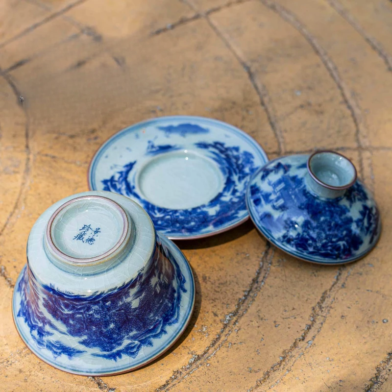 Ceramic Covered Bowl Chinese Style Tea Bowl Ice Cracked Glaze Pattern Tea Set Accessories Kitchen Bar Supplies Household Set