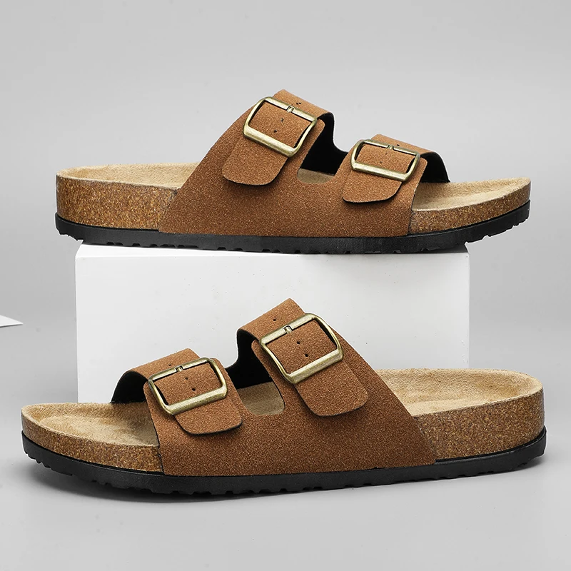 

Mens Slippers Men Summer Cork Slides Suede Leather Women Flat Sandals Fashion Male Mules Non Slip Beach Shoes Unisex Flip Flops