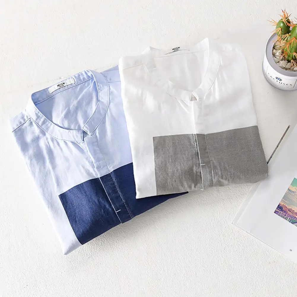 

Casual Stitching Color Lapel Men Shirt Linen Blend Male Shirt Summer Three-quarter Sleeve Men Shirt for Travel