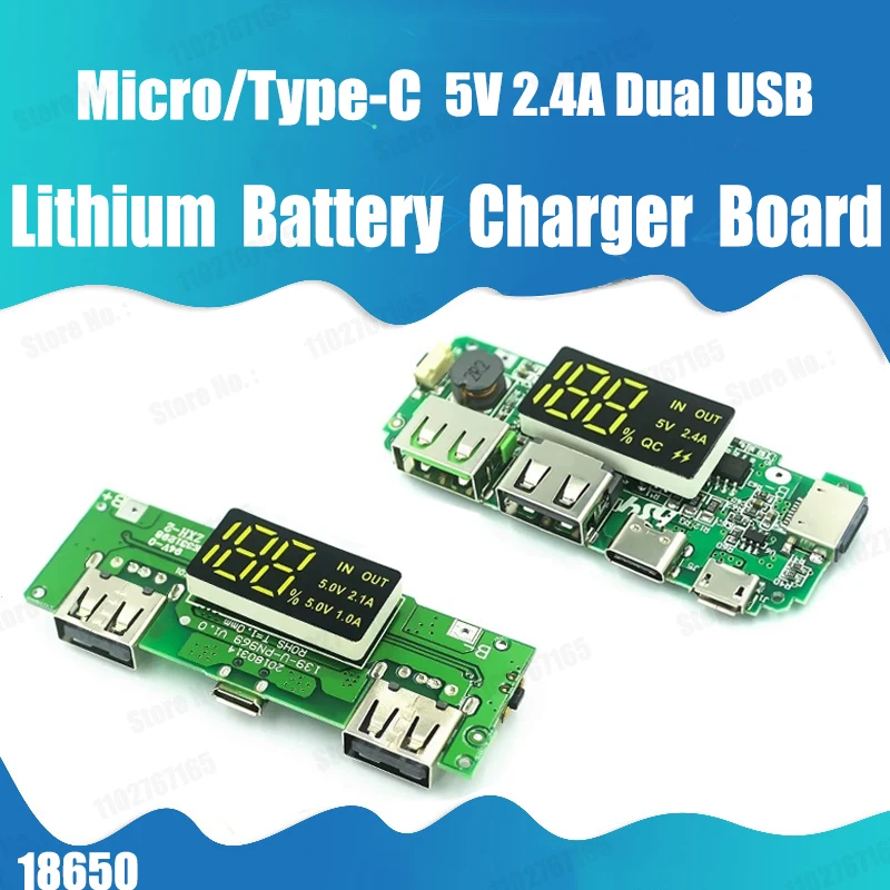 

Lithium Battery Charger Board LED Dual USB 5V 2.4A Micro/Type-C USB Mobile Power Bank 18650 Charging Module